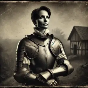 DALL·E 2024 11 25 23.07.38 An archival style photograph of a historical figure resembling Joan of Arc or a woman soldier dressed in historically accurate male attire. The figur