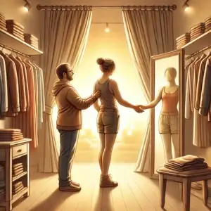 a man and woman in a dressing room