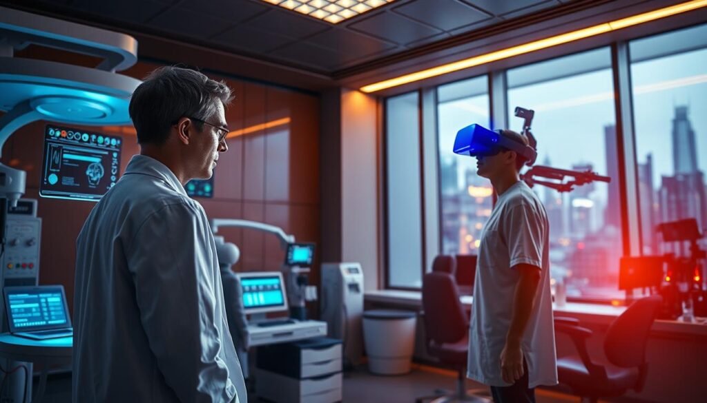 A detailed virtual neuroscience laboratory, illuminated by warm overhead lighting and sleek modern design. In the foreground, a researcher in a white lab coat examines data on a curved holographic display, surrounded by advanced medical equipment. In the middle ground, a patient is immersed in a virtual reality headset, their movements tracked by motion capture cameras for rehabilitation therapy. The background features a large window overlooking a bustling cityscape, highlighting the integration of technology and medical innovation. An atmosphere of scientific progress and the intersection of neuroscience and cutting-edge VR technology.