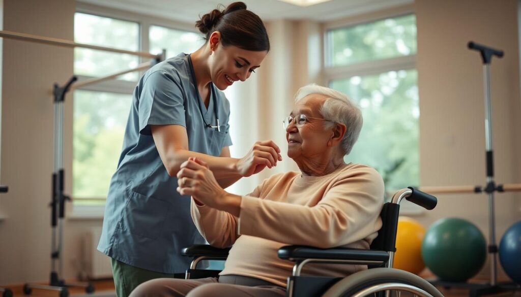 A warm, inviting indoor scene of a caregiver gently assisting an elderly patient during a rehabilitation session. The caregiver, wearing scrubs, is guiding the patient, who is seated comfortably in a wheelchair, through gentle stretching and mobility exercises. Soft, natural lighting filters in through large windows, creating a soothing, nurturing atmosphere. The room is equipped with rehabilitation equipment such as parallel bars and exercise balls, conveying a sense of progress and recovery. The patient's face expresses a calm, focused determination, while the caregiver's expression radiates empathy and encouragement. The composition emphasizes the collaborative, supportive nature of the interaction, highlighting the transformative power of caregiver involvement in the rehabilitation process.