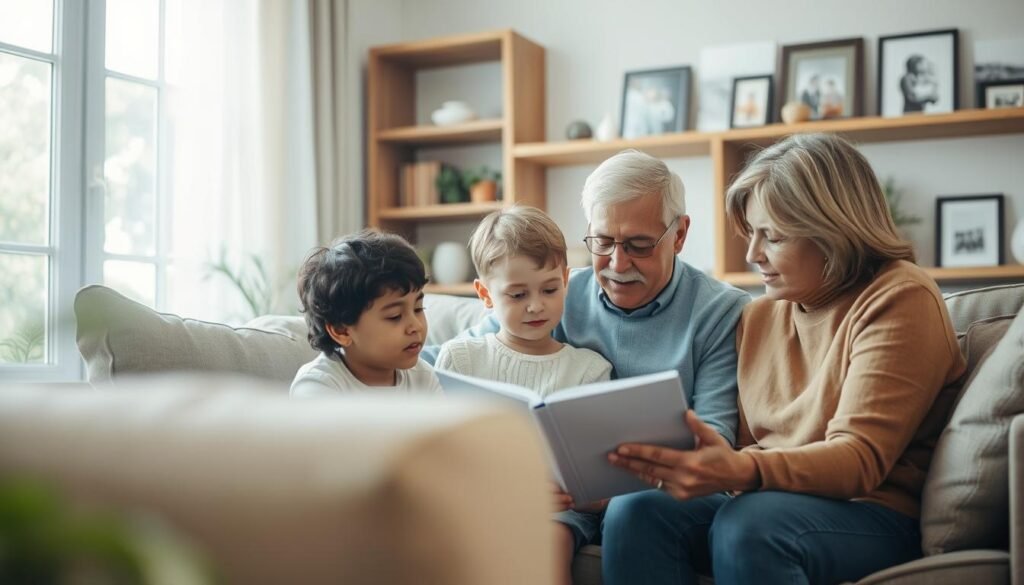 A warm, inviting living room scene. In the foreground, a family gathers around a sofa, with a parent guiding a child through a workbook or journal. The child has a look of understanding and engagement. In the middle ground, another parent is listening intently, offering support and encouragement. Soft, natural lighting filters in through a window, creating a sense of openness and hopefulness. The background features bookshelves and framed family photos, conveying the importance of the home environment in the recovery process. The overall mood is one of collaboration, care, and a shared commitment to healing.