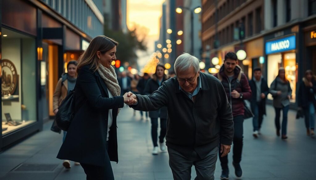 A bustling city street at dusk, with pedestrians hurrying along the sidewalks. In the foreground, a woman pauses to help an elderly man who has fallen, gently taking his arm and guiding him to safety. Onlookers in the middle ground observe the scene, some hesitating, others moving to assist. The background is softly lit, with the warm glow of streetlamps casting a comforting ambiance. A sense of community and human connection permeates the moment, as the bystanders' actions defy the usual indifference of the urban landscape. Cinematic lighting and a shallow depth of field enhance the emotional impact of the intervention.