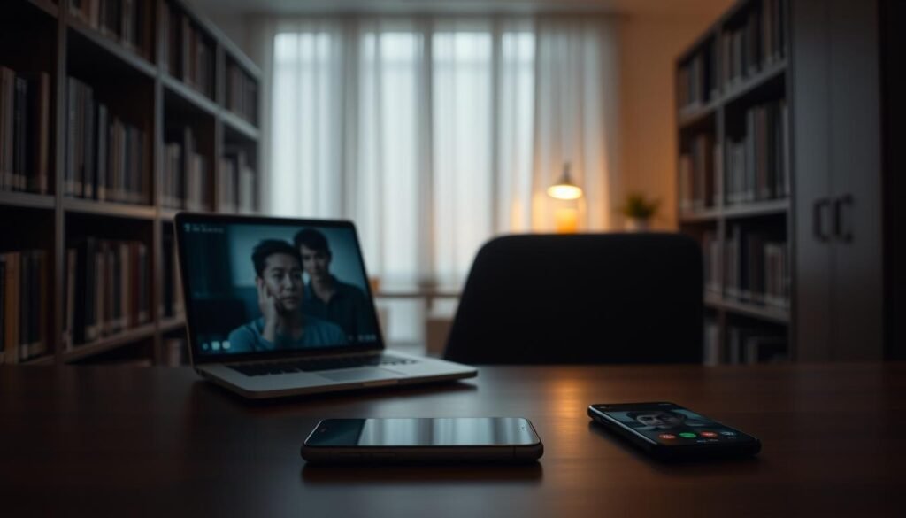 A dimly lit emergency psychology office, with a desk and chair in the foreground. On the desk, a laptop displays a video call, while a smartphone lies nearby, its screen reflecting the distressed face of the caller. In the middle ground, bookshelves line the walls, their spines casting long shadows. The background is blurred, hinting at the outside world's distractions and the psychologist's focus on the crisis at hand. Soft, warm lighting illuminates the scene, creating a sense of urgency and empathy. The overall atmosphere is one of tension and concern, reflecting the delicate balance of technology and human connection in emergency situations.