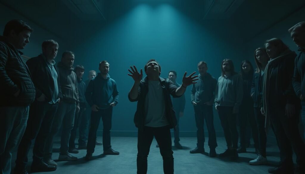 A dimly lit room with a group of people standing idly, their faces expressing uncertainty and disinterest. In the center, a person in distress, reaching out for help, yet the bystanders remain detached, their gazes averted, shoulders hunched. The scene is bathed in a somber, bluish tone, creating an atmosphere of indifference and inaction. The camera angle is low, emphasizing the towering presence of the bystanders, their body language and facial expressions conveying the psychological factors that contribute to the bystander effect - diffusion of responsibility, social influence, and the fear of appearing foolish. The image captures the essence of this phenomenon, where individuals fail to intervene in an emergency situation, despite their ability to help.
