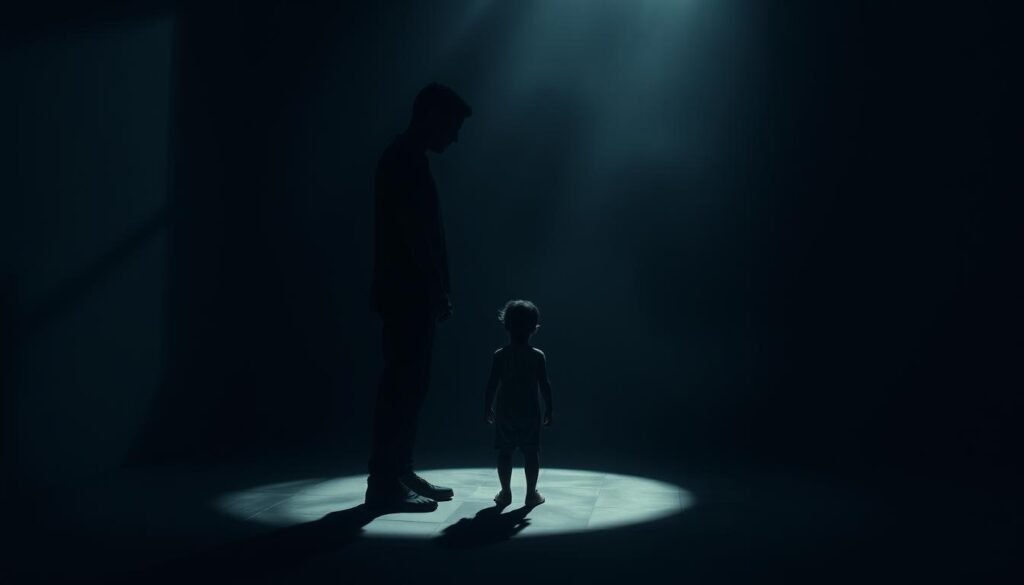 A dimly lit room, with shadows cast across the walls, creating an atmosphere of unease and uncertainty. In the center, a figure stands, their face obscured, casting doubt and confusion upon another, who appears small and vulnerable. The lighting is harsh, creating stark contrasts and distorting the reality of the scene. The background is hazy, with a sense of isolation and detachment, reflecting the psychological manipulation at play. The overall mood is one of gaslighting, where the perpetrator systematically undermines the victim's perception of reality, leaving them questioning their own sanity and experiences.