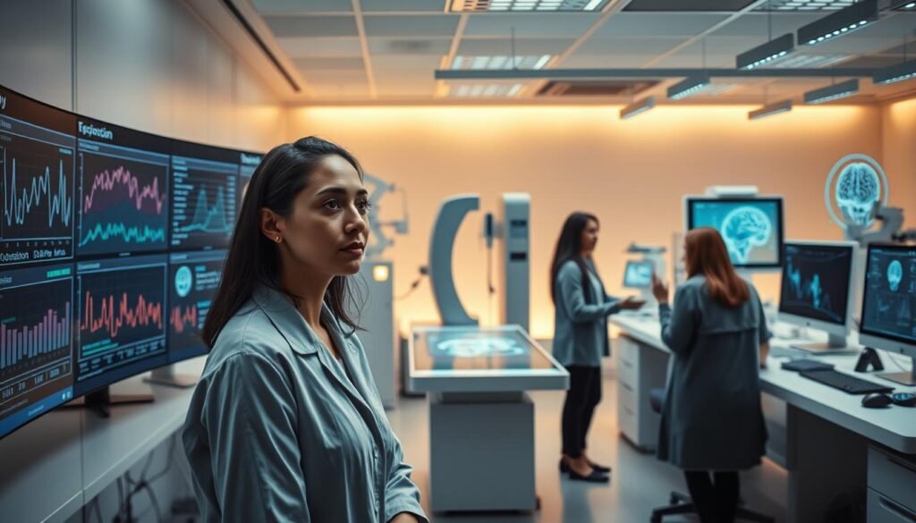 A modern, well-equipped psychology research lab with sleek, high-tech workstations. In the foreground, a researcher intently studying data visualizations on a large curved display, her expression pensive yet focused. Nearby, a team of colleagues collaborating around a holographic interface, gesturing as they analyze complex neural network models. The background features advanced diagnostic equipment, brain imaging scanners, and other cutting-edge instruments. Warm, indirect lighting creates a contemplative atmosphere, while the clean, minimalist design conveys a sense of order and precision. An air of scientific discovery and thoughtful exploration pervades the scene, hinting at the evolving synergy between psychology and the power of artificial intelligence.