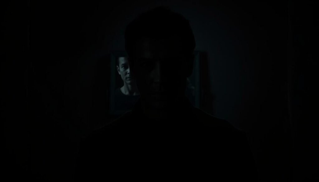 A narcissist stands at the center of a dimly lit room, their gaze piercing and unsettling. Shadows cast across their face, obscuring their true intentions. In the background, a distorted mirror reflects a warped, fragmented image, symbolizing the gaslighting and manipulation that characterizes their behavior. The lighting is dramatic, with deep shadows and highlights that create an ominous, unsettling atmosphere. The camera angle is slightly low, making the narcissist appear imposing and dominant. The overall scene conveys a sense of psychological unease and the power dynamics inherent in narcissistic gaslighting.