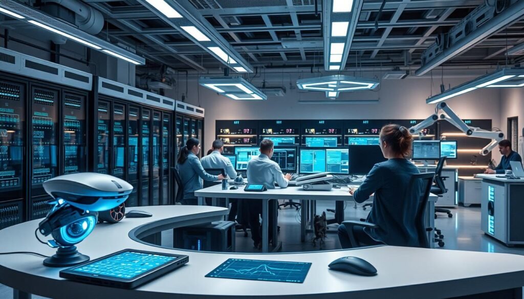 A sleek, well-equipped AI research laboratory in the year 2025. The foreground features a curved desk with various high-tech devices - a futuristic eye-tracking headset, a neural network training rig, and a touchscreen interface for data visualization. In the middle ground, a team of psychologists and data scientists collaborate at workstations, analyzing complex datasets and designing AI-powered experiments. The background showcases state-of-the-art equipment - server racks, holographic projectors, and autonomous robotic arms. The lighting is cool and modern, with blue-tinted accents that evoke a sense of cutting-edge technology. An atmosphere of focused, interdisciplinary innovation pervades the scene.