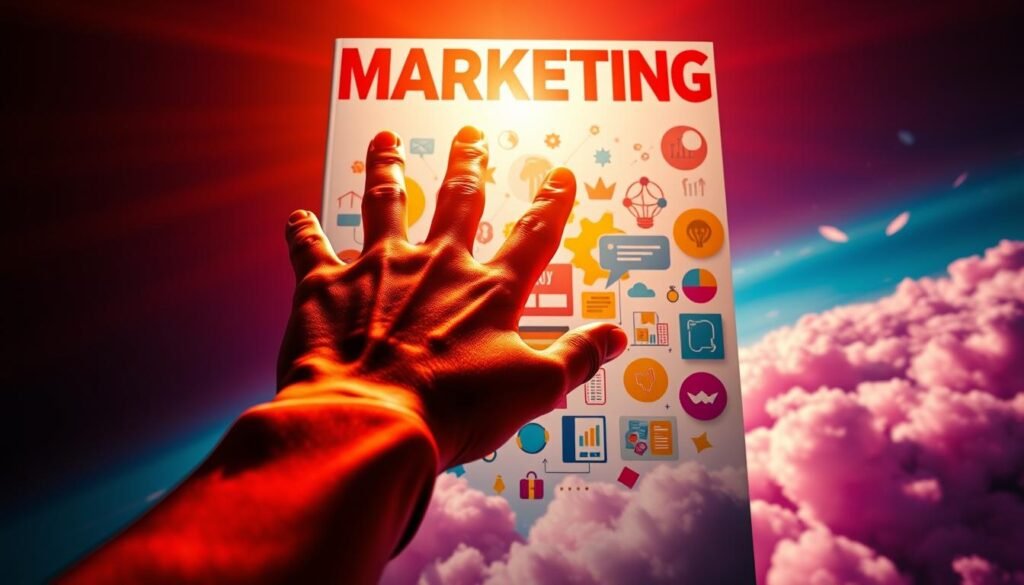 A vibrant, glossy magazine cover in a high-contrast, saturated color palette, capturing the essence of persuasion in marketing. In the foreground, a stylized hand extends, fingers splayed, as if making a compelling gesture. The middle ground features a dynamic array of graphic elements - geometric shapes, bold typography, and eye-catching icons - all converging to create a visually captivating and persuasive composition. The background blurs into a dreamlike, ethereal landscape, hinting at the psychological underpinnings of marketing's powers of influence. Dramatic, cinematic lighting casts dramatic shadows and highlights, enhancing the sense of drama and allure. Captured with a wide-angle lens to convey a sense of scale and immersion.