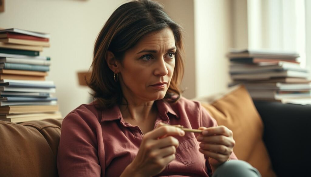 A woman in her 30s sits on a couch, lost in thought. Her expression is pensive, with a slight crease between her brows. She fidgets with a pen, her movements restless and unfocused. The room is bathed in warm, diffused light, creating a sense of introspection. In the background, subtly blurred, are stacks of books and papers, hinting at the cognitive challenges she faces. The overall atmosphere conveys the complex, often overlooked nature of ADHD symptoms in women.