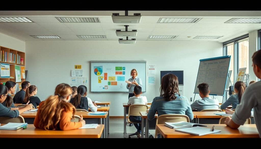 A brightly lit classroom with desks arranged in a semicircle, students of diverse backgrounds intently focused on their work. In the foreground, a teacher gestures towards a whiteboard displaying colorful diagrams and assessment tools, creating an atmosphere of engaged learning. The middle ground features resource materials like textbooks, posters, and learning aids tailored for dyslexia support. The background showcases a panoramic view of the school building, conveying a sense of an educational institution committed to inclusive practices. The overall scene radiates a professional, yet welcoming and nurturing environment for students undergoing dyslexia screening and assessment.