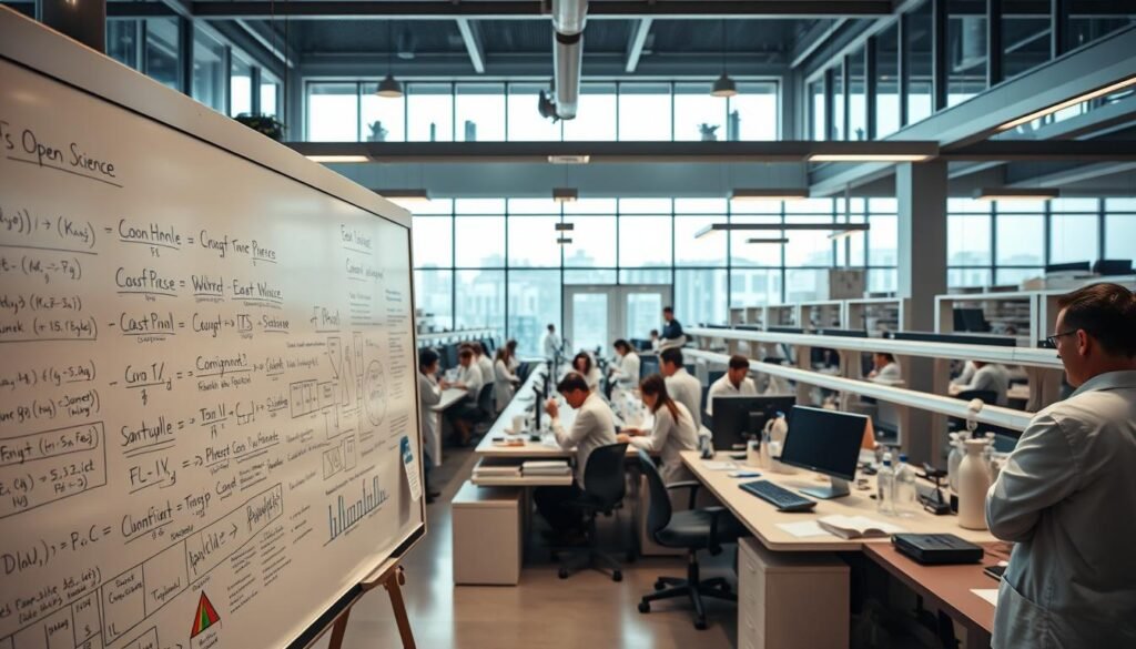A bustling research lab, filled with scientists at work. In the foreground, a large whiteboard showcases formulas, diagrams, and collaborative notes - the hallmarks of open science in action. The middle ground features rows of workstations, each occupied by researchers deeply engaged in their experiments, data analysis, and discussions. The background is framed by sleek, modern architecture, with floor-to-ceiling windows flooding the space with natural light. An atmosphere of curiosity, discovery, and intellectual exchange permeates the scene, capturing the essence of the open science movement. A bustling research lab, filled with scientists at work. In the foreground, a large whiteboard showcases formulas, diagrams, and collaborative notes - the hallmarks of open science in action. The middle ground features rows of workstations, each occupied by researchers deeply engaged in their experiments, data analysis, and discussions. The background is framed by sleek, modern architecture, with floor-to-ceiling windows flooding the space with natural light. An atmosphere of curiosity, discovery, and intellectual exchange permeates the scene, capturing the essence of the open science movement.