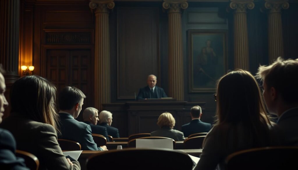 A courtroom scene, bathed in a warm, subdued lighting that casts subtle shadows across the room. In the foreground, a panel of jurors, their faces etched with concentration, as they meticulously examine evidence and testimony. In the middle ground, a judge presides over the proceedings, their expression stern yet thoughtful, guiding the legal discourse. The background is a tapestry of ornate wooden paneling and imposing columns, conveying the solemn gravity of the judicial system. The overall atmosphere is one of careful deliberation, where the psychological dynamics of the legal process unfold, shaping the outcome of the case.