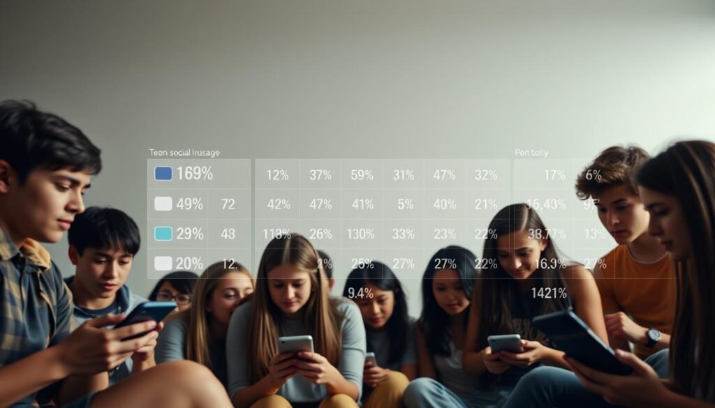 A data-driven infographic set against a minimalist backdrop. In the foreground, a group of diverse teenagers immersed in various social media platforms, their expressions and body language conveying the impact of technology on their lives. In the middle ground, a clean grid of statistics and figures, visualizing the current landscape of teen social media usage with clarity and precision. The lighting is soft and diffused, creating a contemplative atmosphere. The camera angle is slightly elevated, giving an overview of the scene and emphasizing the informational nature of the image. The overall tone is one of thoughtful examination, inviting the viewer to engage with the data and consider its implications.
