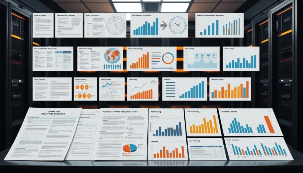A detailed, technical diagram of various risk assessment tools and instruments used in criminal justice recidivism prediction. In the foreground, a series of evaluation forms, checklists, and decision-making flowcharts are displayed against a neutral white background, showcasing the diverse methodologies employed. The middle ground features a collection of data visualization elements like scatter plots, histograms, and bar graphs, illustrating the statistical analysis underpinning these risk assessment tools. In the background, a sophisticated server rack setup symbolizes the computational infrastructure required to process the data and generate the risk assessments, lit by warm, indirect lighting to convey a sense of analytical rigor. The overall tone is one of clinical precision, underscoring the technical nature of these risk prediction instruments. A detailed, technical diagram of various risk assessment tools and instruments used in criminal justice recidivism prediction. In the foreground, a series of evaluation forms, checklists, and decision-making flowcharts are displayed against a neutral white background, showcasing the diverse methodologies employed. The middle ground features a collection of data visualization elements like scatter plots, histograms, and bar graphs, illustrating the statistical analysis underpinning these risk assessment tools. In the background, a sophisticated server rack setup symbolizes the computational infrastructure required to process the data and generate the risk assessments, lit by warm, indirect lighting to convey a sense of analytical rigor. The overall tone is one of clinical precision, underscoring the technical nature of these risk prediction instruments.