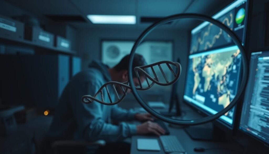 A dimly lit laboratory, illuminated by the soft glow of computer screens and the sterile fluorescence of scientific equipment. In the foreground, a magnifying glass examines a delicate strand of DNA, the building blocks of identity. Behind it, a virtual map of ancestral connections unfurls, tracing the intricate web of genetic relationships. In the background, a partially obscured figure hunches over a keyboard, sifting through vast databases, piecing together the puzzle of a forgotten life. The scene conveys the meticulous, methodical nature of forensic genetic genealogy, where the past is unlocked through the secrets hidden in our genetic code.