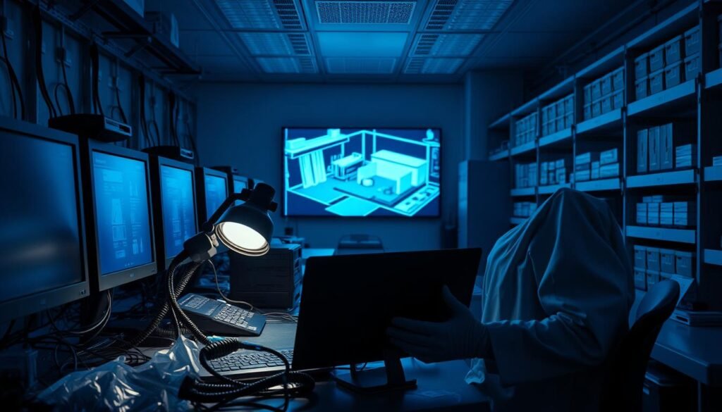 A dimly lit laboratory with rows of high-tech workstations and specialized forensic equipment. In the foreground, a technician examines a laptop under a magnifying glass, surrounded by various cables, evidence bags, and gloves. The middle ground features a 3D digital reconstruction of a crime scene, projected onto a large screen. In the background, shelves filled with carefully labeled evidence containers and digital storage devices. Soft blue and green hues emanate from the screens, casting an eerie glow throughout the scene. The atmosphere is one of intense focus and meticulous attention to detail, as the team works to uncover the digital clues hidden within the evidence.