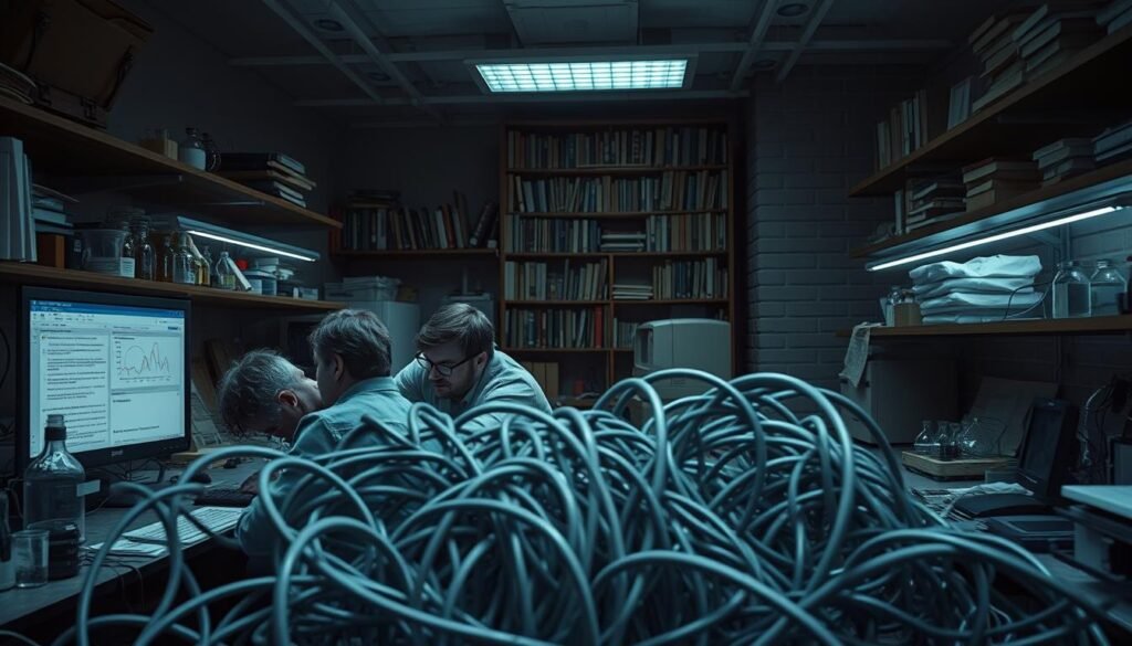 A dimly-lit research laboratory, filled with an array of scientific equipment, beakers, and books. In the foreground, a team of researchers huddled around a computer screen, brows furrowed in concentration, grappling with the complexities of replication practices. The middle ground features a maze of cables, tangled and knotted, symbolizing the challenges of maintaining consistent experimental setups. In the background, a towering bookshelf, its shelves laden with volumes on methodological best practices, casting an ominous shadow over the scene. The overall mood is one of tense contemplation, as the researchers navigate the intricate web of obstacles that come with ensuring the reproducibility of their findings. A dimly-lit research laboratory, filled with an array of scientific equipment, beakers, and books. In the foreground, a team of researchers huddled around a computer screen, brows furrowed in concentration, grappling with the complexities of replication practices. The middle ground features a maze of cables, tangled and knotted, symbolizing the challenges of maintaining consistent experimental setups. In the background, a towering bookshelf, its shelves laden with volumes on methodological best practices, casting an ominous shadow over the scene. The overall mood is one of tense contemplation, as the researchers navigate the intricate web of obstacles that come with ensuring the reproducibility of their findings.