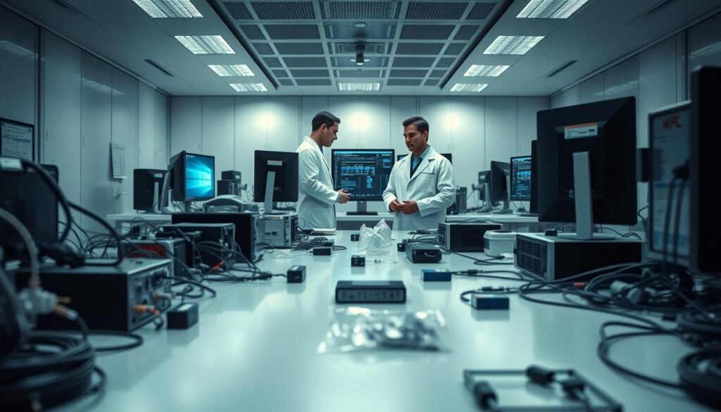 A highly detailed, photorealistic digital forensic laboratory. The foreground features an array of electronic devices, cables, and evidence bags, meticulously arranged on a clean, well-lit examination table. In the middle ground, technicians in white lab coats scrutinize digital data on multiple computer screens, their faces reflecting the seriousness of their work. The background depicts a modern, high-tech workspace with sleek, minimalist design, subtle ambient lighting, and an atmosphere of focus and precision. The scene conveys the critical role of digital evidence in modern investigations, where meticulous analysis of data can uncover crucial clues and insights.
