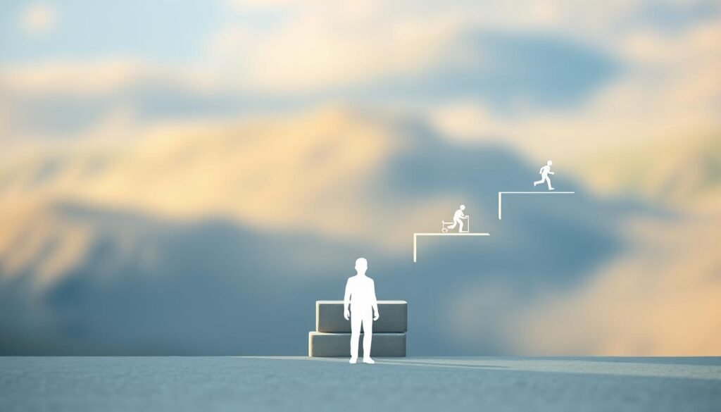 A minimalist, diagrammatic illustration of a person's journey through graded exposure techniques. In the foreground, a simple human figure stands at the base of a stepped pathway, representing the gradual progression of exposure activities. The middle ground features a series of stepping stones or platforms, each with a distinct challenge or activity depicted in a clean, vector-style graphic. The background showcases a serene, blurred landscape, emphasizing the focus on the core subject matter. Soft, natural lighting illuminates the scene, creating a calm, contemplative atmosphere. The overall composition conveys the concept of incremental progress and the systematic approach of graded exposure techniques in a visually compelling and informative manner.