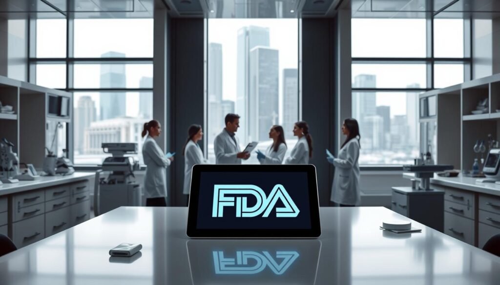 A modern, sleek medical laboratory interior with crisp lighting and a sense of scientific authority. In the foreground, a central desk with various medical instruments and a tablet displaying the FDA logo. In the middle ground, a group of scientists in lab coats discussing data and reports. The background features tall windows overlooking a cityscape, conveying a sense of progress and innovation. The overall mood is one of professionalism, anticipation, and the weight of an important regulatory decision.