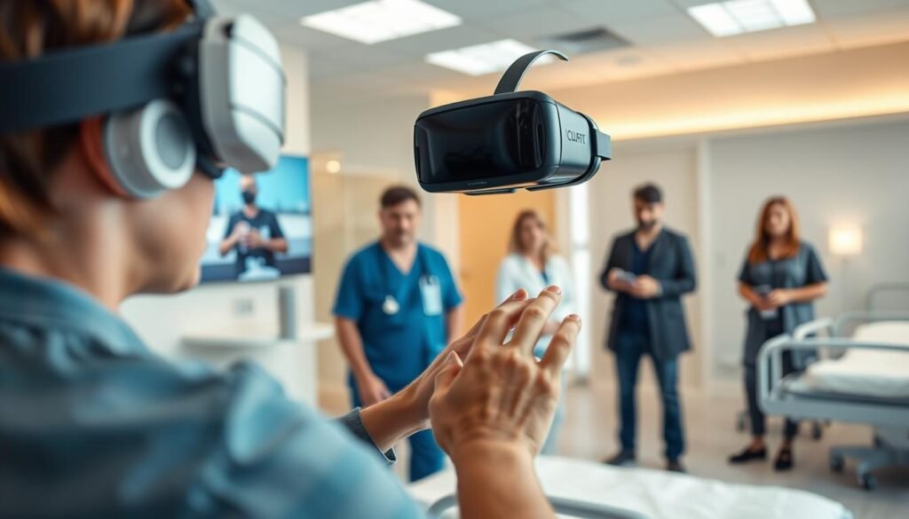 A patient undergoing virtual reality therapy in a rehabilitation center. In the foreground, a person wearing a sleek, immersive VR headset, their hands interacting with virtual objects. In the middle ground, a team of healthcare professionals monitoring the patient's progress on a large display. The background depicts a modern, well-equipped rehabilitation facility with soothing lighting and calming colors, conveying a sense of therapeutic calm and progress. The scene is captured with a wide-angle lens, providing a comprehensive view of the transformative power of VR in rehabilitation. A patient undergoing virtual reality therapy in a rehabilitation center. In the foreground, a person wearing a sleek, immersive VR headset, their hands interacting with virtual objects. In the middle ground, a team of healthcare professionals monitoring the patient's progress on a large display. The background depicts a modern, well-equipped rehabilitation facility with soothing lighting and calming colors, conveying a sense of therapeutic calm and progress. The scene is captured with a wide-angle lens, providing a comprehensive view of the transformative power of VR in rehabilitation.