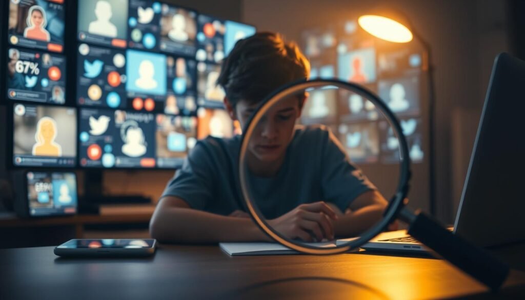 A pensive teen sits at a desk, illuminated by the glow of multiple social media screens. In the foreground, a magnifying glass hovers, examining the complex web of data and statistics on teen mental health. The background is softly blurred, suggesting the overwhelming nature of the research. Warm, muted lighting casts a contemplative atmosphere, inviting the viewer to consider the nuanced relationship between social media and adolescent wellbeing. A sense of discovery and inquiry permeates the scene, urging further exploration of this crucial issue.