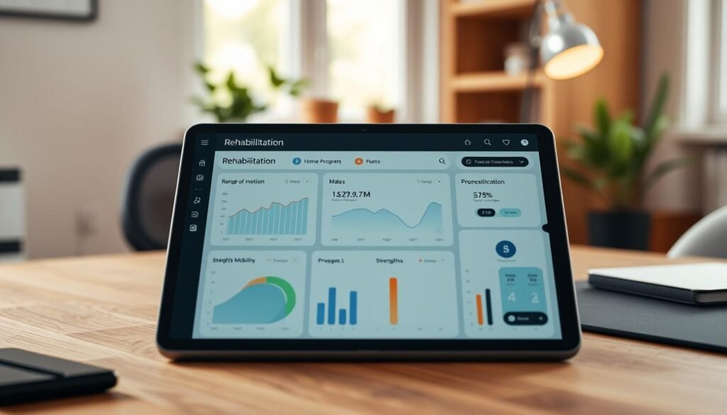 A rehabilitation progress tracking dashboard displayed on a modern tablet device. The foreground features a clean, minimal interface with intuitive graphs, charts, and progress indicators depicting key metrics such as range of motion, strength, and mobility. The middle ground showcases the tablet resting on a wooden desk, with a supportive ergonomic chair visible. The background hints at a warm, natural-lit home office environment, with subtle plant life and muted decor elements. The overall tone is one of calm, focused productivity, conveying the idea of empowered, data-driven self-care.