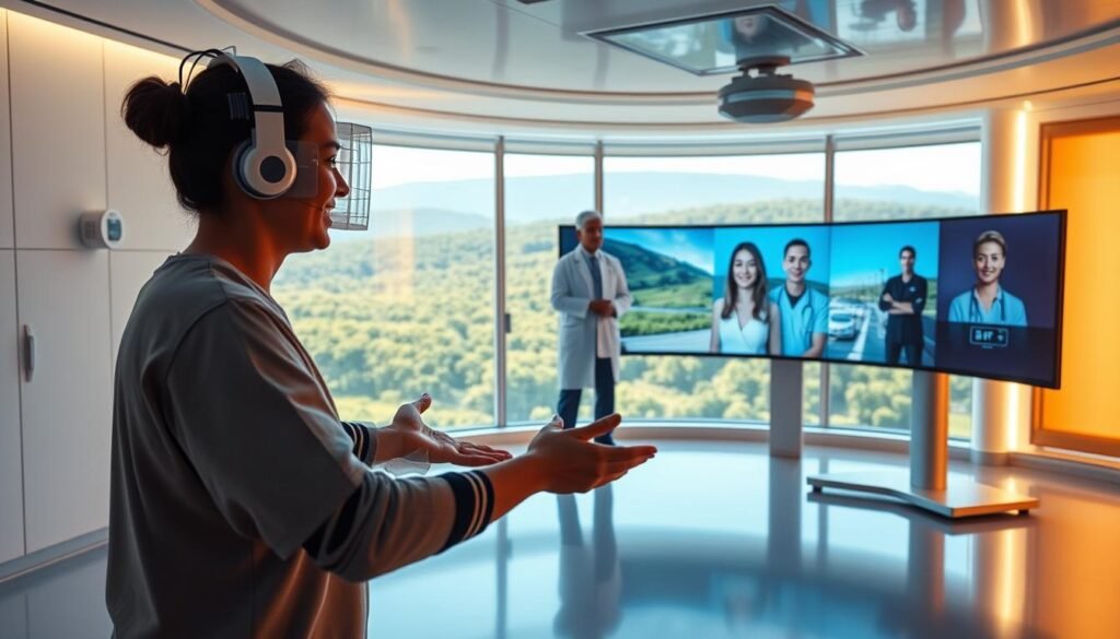 A serene and technologically-advanced medical facility, bathed in warm, natural lighting. In the foreground, a patient undergoing a virtual physical therapy session, their movements seamlessly tracked by high-resolution sensors. In the middle ground, a team of healthcare professionals remotely monitoring the patient's progress, their faces reflected on a curved display panel. The background features a panoramic view of a lush, verdant landscape, symbolizing the seamless integration of cutting-edge telemedicine and the restorative power of nature. The overall atmosphere conveys the evolution of telerehabilitation, blending cutting-edge technology with personalized, holistic care.