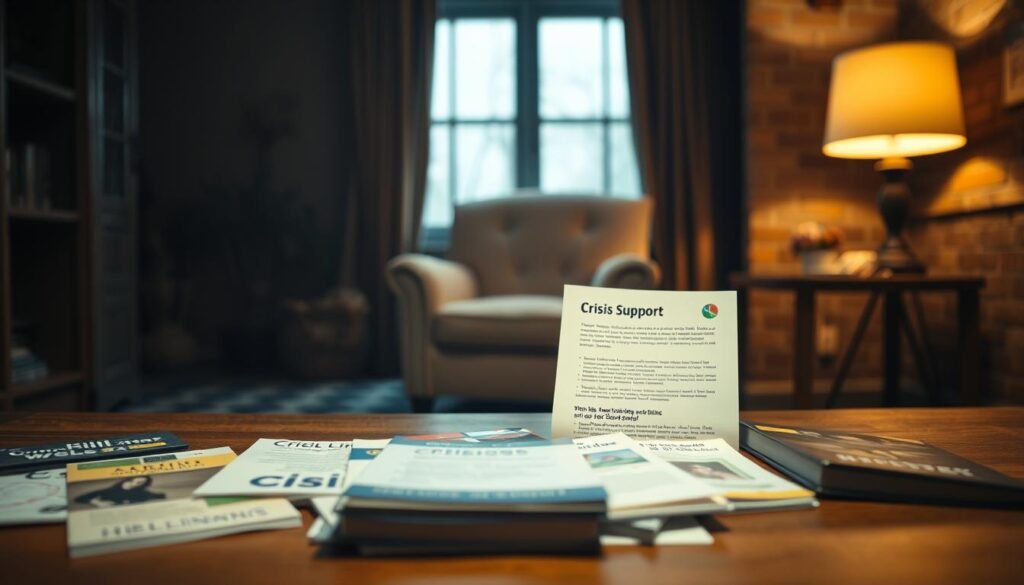 A serene, dimly lit room with muted colors and soft lighting. In the foreground, a collection of crisis support resources - pamphlets, brochures, and helpline numbers neatly arranged on a wooden table. The middle ground features a cozy armchair and a warm, inviting atmosphere, conveying a sense of comfort and safety. The background is slightly blurred, emphasizing the focal point of the resources. The overall mood is one of tranquility and reassurance, creating a space where someone in crisis can find the support they need.