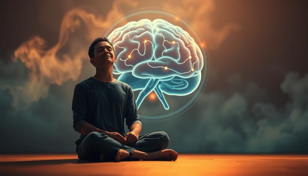 A serene, soft-focus scene depicting the physiological basis of anxiety relief. In the foreground, a person sits cross-legged, eyes closed, practicing deep, measured breathing, their expression relaxed. Behind them, a microscopic view of the brain, with calming neural pathways lighting up in response to the breath work. In the background, wispy clouds of soothing blues and greens, suggesting the parasympathetic nervous system activation. Warm, diffuse lighting illuminates the scene, creating an atmosphere of tranquility and inner focus. A 50mm lens captures the intimate, introspective moment.