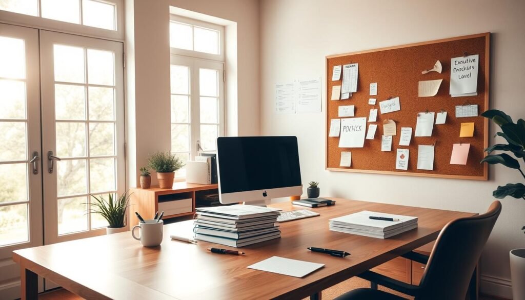 A spacious home office with a large wooden desk, a desktop computer, and a cork board displaying checklists, schedules, and post-it notes. Soft natural light filters in through large windows, creating a warm and focused atmosphere. On the desk, there are folders, pens, and a cup of coffee, suggesting a thoughtful, evaluative process. The cork board showcases various organizational tools, hinting at the systematic assessment of executive function needs within the household. The composition emphasizes a sense of order and structure, reflecting the careful analysis of executive function challenges and potential solutions.