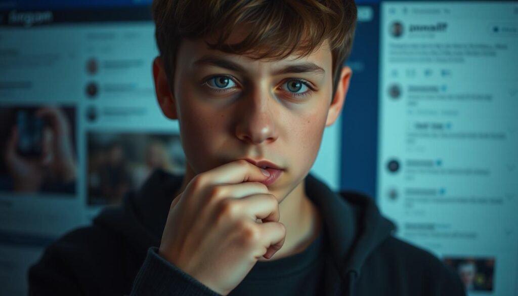 A thoughtful adolescent stands in the foreground, their face partially obscured by a hand reaching up to their chin. Their expression is pensive, reflecting the duality of social media's impact on self-esteem - the desire for validation and the insecurity it can breed. Behind them, a blurred social media feed scrolls, with snippets of posts and interactions visible. The lighting is soft and diffused, creating a contemplative atmosphere. The composition is slightly off-center, emphasizing the subject's introspection. The overall mood suggests the complex, nuanced nature of the relationship between adolescents, social media, and self-perception.