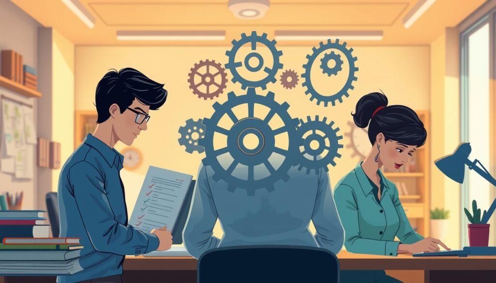 A vibrant, detailed illustration showcasing the key components of executive function skills. In the foreground, a person is seen engaging in various tasks that require focus, planning, and problem-solving, such as organizing a desk, following a checklist, and managing a visual schedule. The middle ground features a series of interconnected cogwheels, symbolizing the intricate cognitive processes involved in executive function. The background is a warm, softly-lit office setting, conveying a sense of productivity and calm. The lighting is natural and diffused, creating a subtle, ambient glow. The overall composition emphasizes the interconnectedness of executive function skills and their importance in daily life.