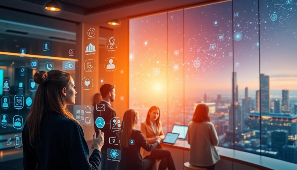 A vibrant, technologically-advanced mental health support center, bathed in a warm, calming glow. In the foreground, a sleek, holographic interface displays various therapeutic tools and apps, each icon pulsing with a soothing energy. In the middle ground, a group of individuals, of diverse ages and backgrounds, are engaged in virtual counseling sessions, their faces reflected in the translucent screens. In the background, a vast, futuristic skyline, with towering buildings and a serene, starry night sky, symbolizing the evolution and accessibility of mental health support technology. A vibrant, technologically-advanced mental health support center, bathed in a warm, calming glow. In the foreground, a sleek, holographic interface displays various therapeutic tools and apps, each icon pulsing with a soothing energy. In the middle ground, a group of individuals, of diverse ages and backgrounds, are engaged in virtual counseling sessions, their faces reflected in the translucent screens. In the background, a vast, futuristic skyline, with towering buildings and a serene, starry night sky, symbolizing the evolution and accessibility of mental health support technology.