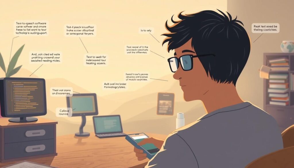 A well-lit, detailed illustration depicting the challenges and solutions for dyslexia. In the foreground, a person with dyslexia using assistive technology like text-to-speech software, screen readers, and specialized reading modes. The middle ground shows various digital devices and interfaces designed for dyslexia support. In the background, a serene, calming environment with muted colors and soft lighting, symbolizing the empowering and liberating nature of these technologies. The overall mood is one of understanding, accessibility, and technological innovation overcoming the obstacles of dyslexia.