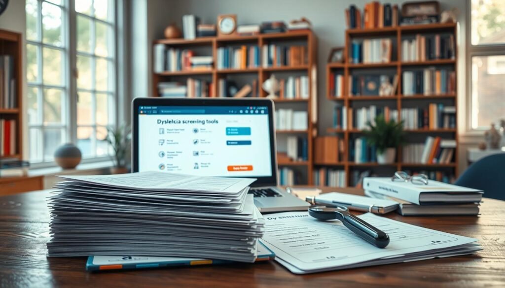 A well-lit scene showcasing various dyslexia screening tools and resources. In the foreground, a stack of assessment worksheets, colorful flash cards, and a magnifying glass sit atop a wooden desk. In the middle ground, a laptop displays a digital dyslexia screening app with a user-friendly interface. In the background, bookshelves line the walls, filled with educational guides and diagnostic manuals related to dyslexia. Soft, natural lighting filters through large windows, creating a warm, inviting atmosphere conducive to learning and understanding. The scene conveys a sense of professionalism and expertise in the field of dyslexia assessment and intervention.