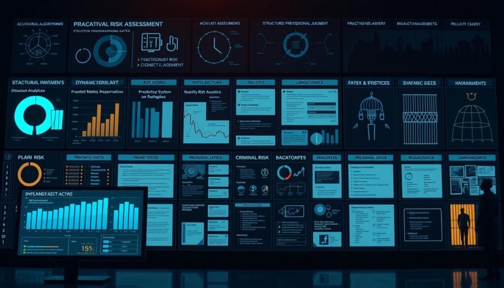 An intricate panel of psychological risk assessment tools, including actuarial algorithms, structured professional judgment, and dynamic risk factors, set against a backdrop of a criminal justice system. The foreground features a sleek, modern interface displaying risk scores, predictive analytics, and case management data. The middle ground showcases various assessment instruments, checklists, and decision-making frameworks, all illuminated by a cool, clinical lighting. The background subtly references the broader criminal justice landscape, with silhouettes of courtrooms, jails, and probation offices. The overall atmosphere conveys a sense of precision, rationality, and the weighty responsibility of evaluating human risk within the justice system. An intricate panel of psychological risk assessment tools, including actuarial algorithms, structured professional judgment, and dynamic risk factors, set against a backdrop of a criminal justice system. The foreground features a sleek, modern interface displaying risk scores, predictive analytics, and case management data. The middle ground showcases various assessment instruments, checklists, and decision-making frameworks, all illuminated by a cool, clinical lighting. The background subtly references the broader criminal justice landscape, with silhouettes of courtrooms, jails, and probation offices. The overall atmosphere conveys a sense of precision, rationality, and the weighty responsibility of evaluating human risk within the justice system.