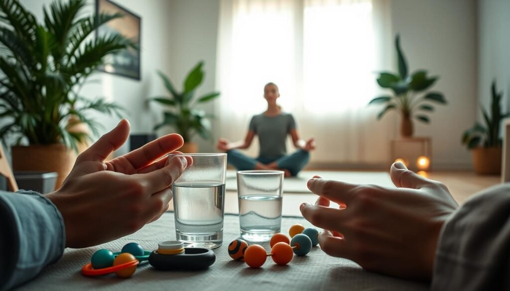 Detailed close-up scene of various anxiety relief techniques in a serene, calming environment. Prominently featured in the foreground are hands performing deep breathing exercises, fidget toys, and a glass of water. In the middle ground, a person is practicing mindful meditation in a lotus position, surrounded by lush greenery and natural lighting. The background depicts a peaceful, minimalist room with soft, ambient lighting, promoting a sense of tranquility and relaxation. The overall atmosphere conveys a soothing, therapeutic ambiance, reflecting the theme of finding relief beyond just positive thinking.