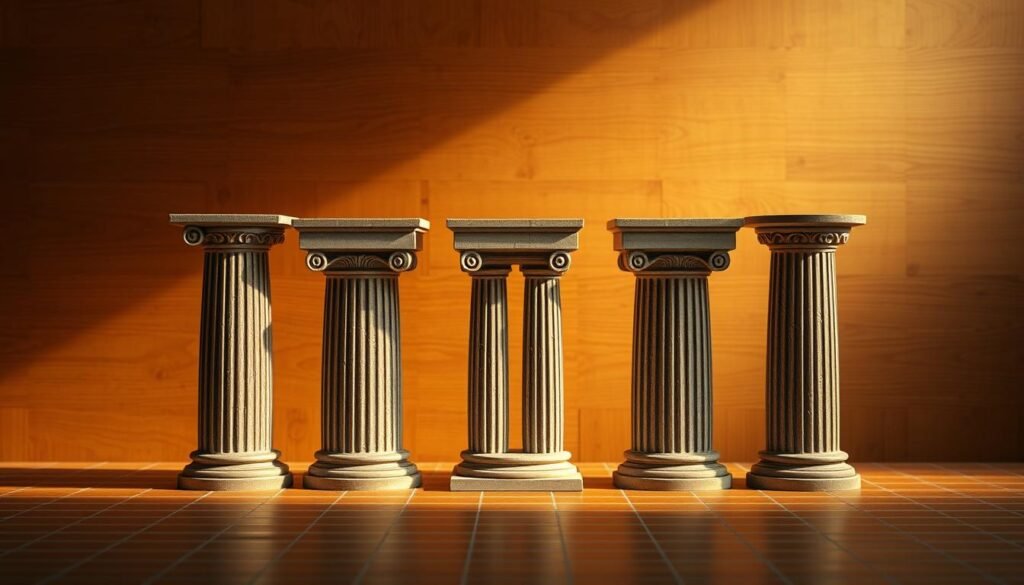 Five pillars of reading instruction, a harmonious ensemble against a warm, wooden backdrop. In the foreground, five sturdy pillars representing the foundational elements: phonemic awareness, phonics, fluency, vocabulary, and comprehension. Each pillar is crafted with intricate details, cast in a soft, natural light that creates a sense of depth and solidity. The middle ground features a subtle grid pattern, hinting at the structured nature of the reading process. In the background, a rich, earthy tone infuses the scene with a cozy, scholarly atmosphere, inviting the viewer to delve deeper into the art of reading. The composition is balanced, the pillars standing tall and proud, symbolizing the crucial components of effective literacy instruction. Five pillars of reading instruction, a harmonious ensemble against a warm, wooden backdrop. In the foreground, five sturdy pillars representing the foundational elements: phonemic awareness, phonics, fluency, vocabulary, and comprehension. Each pillar is crafted with intricate details, cast in a soft, natural light that creates a sense of depth and solidity. The middle ground features a subtle grid pattern, hinting at the structured nature of the reading process. In the background, a rich, earthy tone infuses the scene with a cozy, scholarly atmosphere, inviting the viewer to delve deeper into the art of reading. The composition is balanced, the pillars standing tall and proud, symbolizing the crucial components of effective literacy instruction.