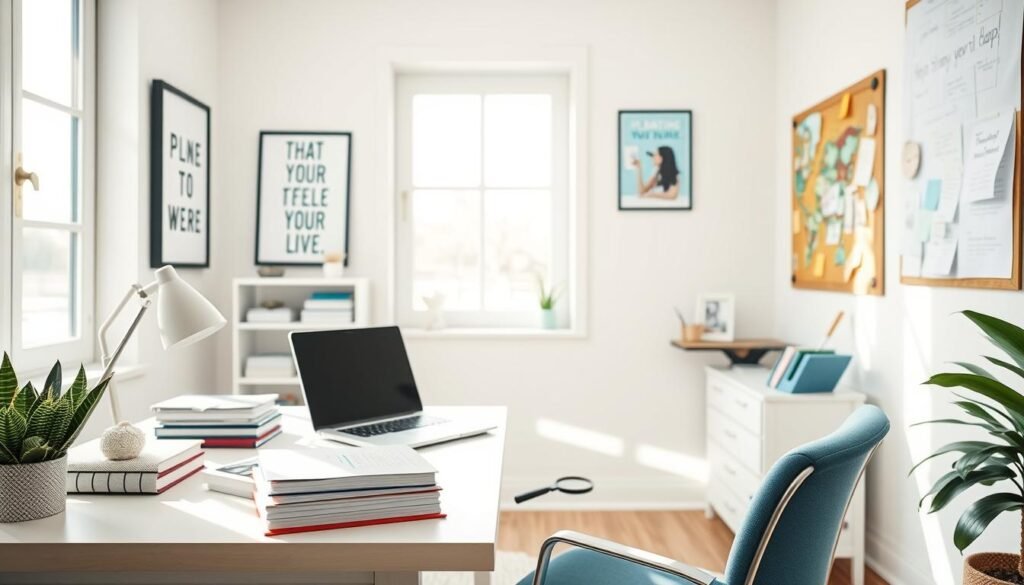 A bright, modern home office with a desk, chair, and various office supplies. On the desk, a laptop, a stack of books, and a magnifying glass, symbolizing the research and preparation involved in finding a therapist. The walls are adorned with motivational art prints and a bulletin board with sticky notes, representing the process of exploring options and gathering information. Soft, natural lighting floods the room, creating a calming and inviting atmosphere. The overall scene conveys a sense of organization, focus, and a thoughtful approach to the therapist search.