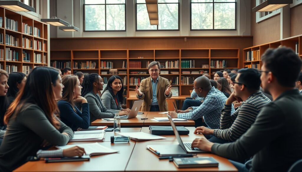 A bustling academic setting, illuminated by warm natural light filtering through large windows. In the foreground, a diverse group of students engaged in thoughtful discussions, papers and laptops scattered across desks. In the middle ground, a career counselor gestures animatedly, guiding them through various psychology-related career paths - clinical, research, organizational, and more. Bookshelves line the walls, hinting at the depth of knowledge available. The atmosphere is one of intellectual curiosity and focused determination, reflecting the realities of pursuing a psychology career with a bachelor's degree.