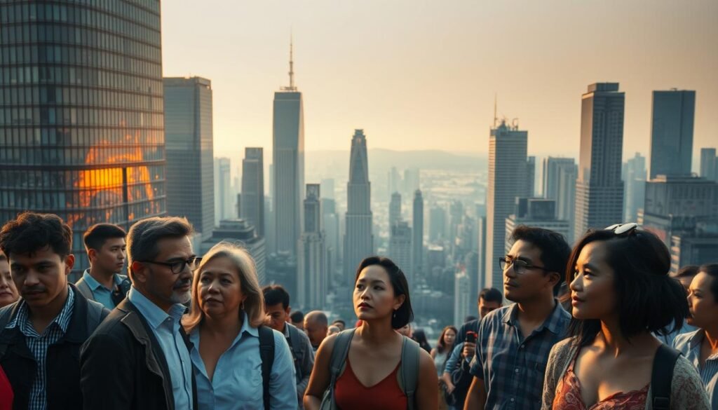 A bustling global city, its diverse inhabitants navigating a tapestry of cultural norms and expectations. In the foreground, a group of people from different backgrounds stand together, their expressions reflecting varied perspectives on obedience - some resolute, others pensive, all illuminated by the warm glow of a setting sun. The middle ground reveals a maze of towering skyscrapers, their glass facades mirroring the complex interplay of conformity and individuality. In the distance, a hazy horizon suggests the far-reaching influences that shape our understanding of social compliance, inviting the viewer to contemplate the nuanced and ever-evolving nature of this universal human experience.