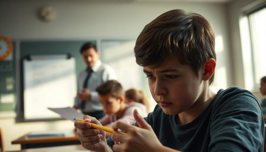 A classroom scene with students struggling to focus, their faces etched with confusion and frustration. In the foreground, a student fidgets with a pencil, their gaze wandering. In the middle ground, another student stares blankly at a worksheet, unable to begin. The background is hazy, with a teacher standing at the board, their expression one of concern. Soft, diffused lighting casts shadows, emphasizing the sense of cognitive strain. The overall atmosphere is one of cognitive dissonance, highlighting the daily challenges of executive function within the classroom setting.