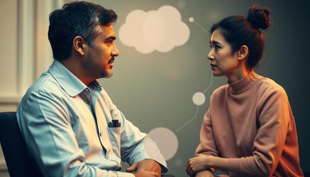 A clinical setting with a therapist and patient engaged in a discussion, using cognitive behavioral therapy techniques. The therapist sits across from the patient, maintaining a calm, thoughtful expression. The patient appears attentive, with a pensive look, surrounded by abstract shapes and patterns representing the cognitive processes involved in CBT. Soft, warm lighting illuminates the scene, creating a serene and introspective atmosphere. The composition emphasizes the collaborative nature of the therapy, with the therapist and patient positioned as equal partners in the healing process.