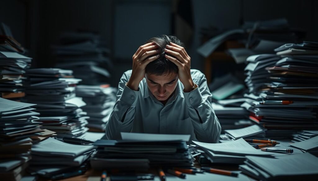 A cluttered workspace with stacks of papers, pens, and various office supplies scattered haphazardly. The lighting is harsh, creating deep shadows that accentuate the sense of unease. In the center, a person sits hunched over, hands gripping their head as they struggle to focus, their face a mask of intense concentration. The background is blurred, emphasizing the individual's isolation and the overwhelming nature of their thoughts. The overall scene conveys a sense of overwhelming anxiety, the need for control, and the compulsive nature of the disorder.