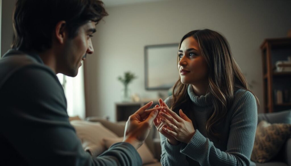 A couple deeply engaged in conversation, their faces reflecting rapt attention and empathetic understanding. The foreground captures their intimate body language - leaning in, maintaining eye contact, hands clasped in a gesture of openness and trust. The middle ground reveals a cozy, softly lit living room setting, with muted colors and natural textures creating a calm, introspective atmosphere. In the background, subtle architectural details suggest a domestic, comfortable environment conducive to thoughtful dialogue. Soft, diffused lighting casts a warm glow, enhancing the sense of tranquility and emotional connection between the two figures. The overall scene conveys the essence of the "active listening technique" - a dynamic, focused exchange fostering mutual understanding and trust.