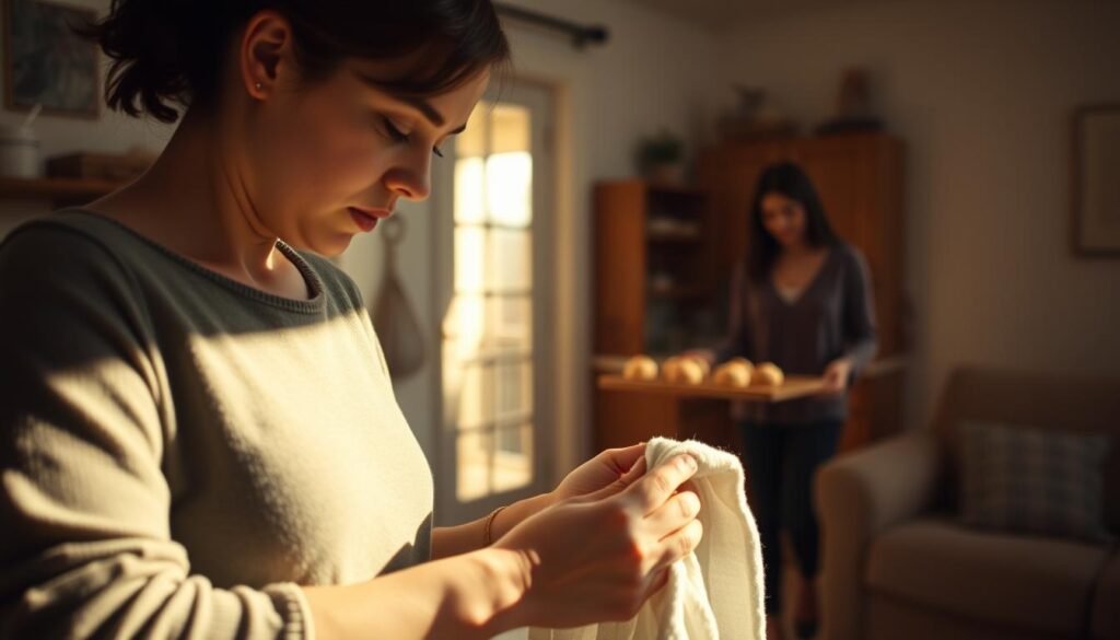 A cozy domestic scene, bathed in warm, diffused lighting from a nearby window. In the foreground, a person diligently folding laundry, their expression serene and focused. In the middle ground, a partner emerges from the kitchen, carrying a tray of freshly baked treats. The background reveals a tidy, lived-in living space, filled with small, thoughtful details that suggest a life shared. The overall mood is one of quiet intimacy, where acts of service are woven into the fabric of a loving relationship.