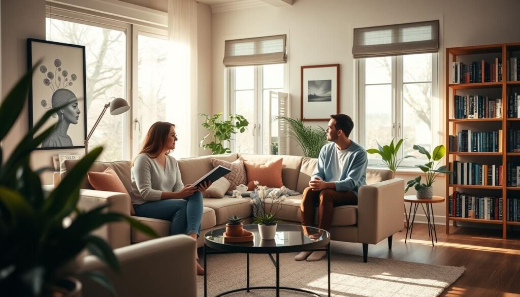 A cozy, sunlit couples therapy session in a modern home office. In the foreground, a professional therapist leads an engaged discussion between two partners sitting on a plush, neutral-toned sofa. Soft natural lighting filters through large windows, casting a calming glow. The middle ground showcases tasteful decor - a minimalist coffee table, potted plants, and artworks that convey a sense of tranquility. The background features a bookshelf filled with psychology and relationship self-help titles, hinting at the evidence-based approach. An overall atmosphere of trust, openness, and constructive dialogue permeates the scene.
