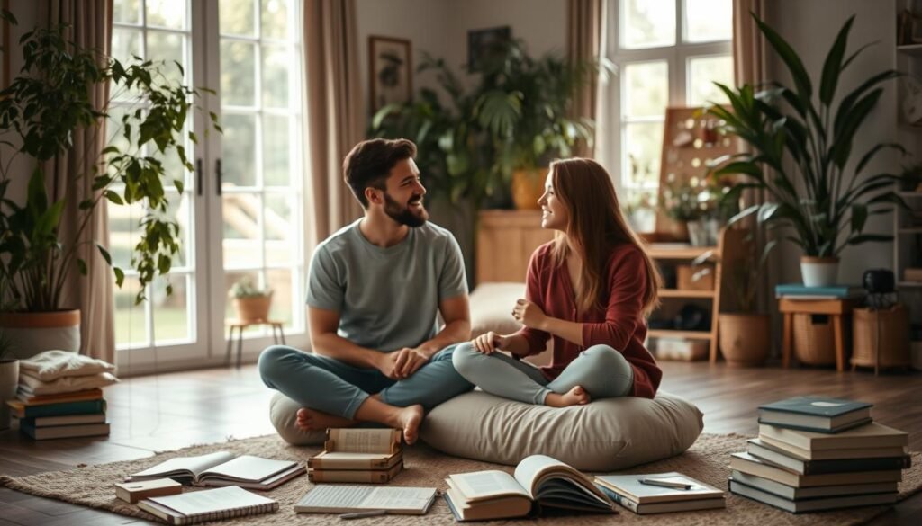A cozy, well-lit home studio with natural lighting filtering in through large windows. In the foreground, a loving couple sits cross-legged on plush cushions, engaged in an intimate discussion, their faces reflecting a sense of openness and vulnerability. The middle ground features an assortment of self-help books, journals, and therapeutic tools, suggesting a DIY approach to couples therapy. The background showcases a serene, plant-filled environment, creating a calming and nurturing atmosphere. The lighting is soft and diffused, with warm hues that accentuate the couple's connection. The overall composition conveys a sense of introspection, personal growth, and the transformative potential of DIY couples therapy.